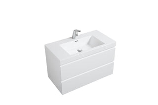 36" Glossy White Wall Mount Bathroom Vanity with White Polymarble Countertop - Golden Elite Deco