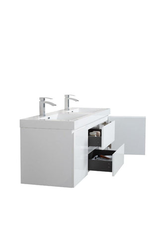 60" Glossy White Wall Mount Double Sink Bathroom Vanity with White Polymarble Countertop - Golden Elite Deco