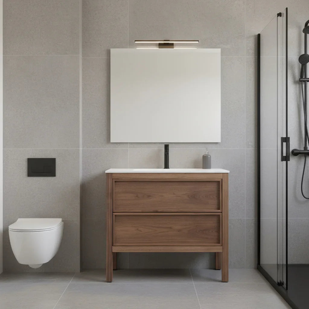 36" Natural Walnut Freestanding Bathroom Vanity with White Solid Surface Countertop