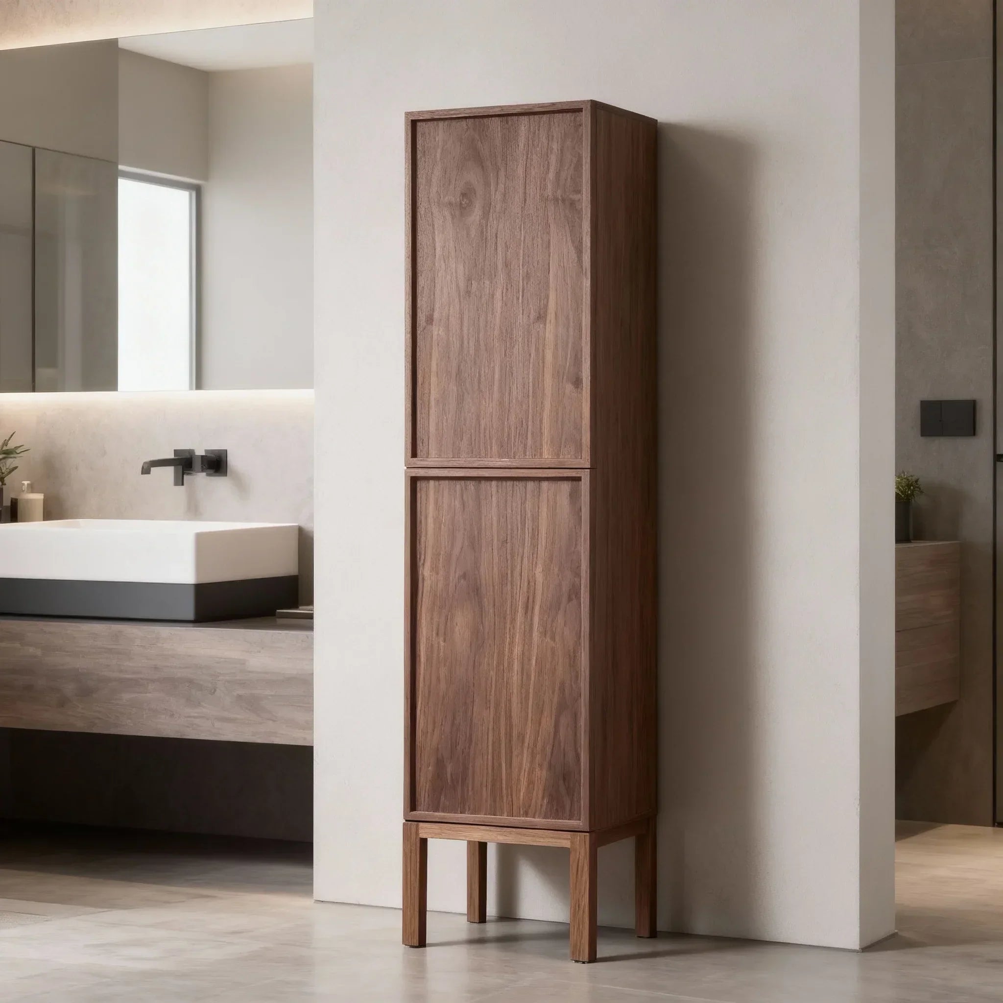Armoire à linge de salle de bain sur pied - Noyer naturel - Réversible