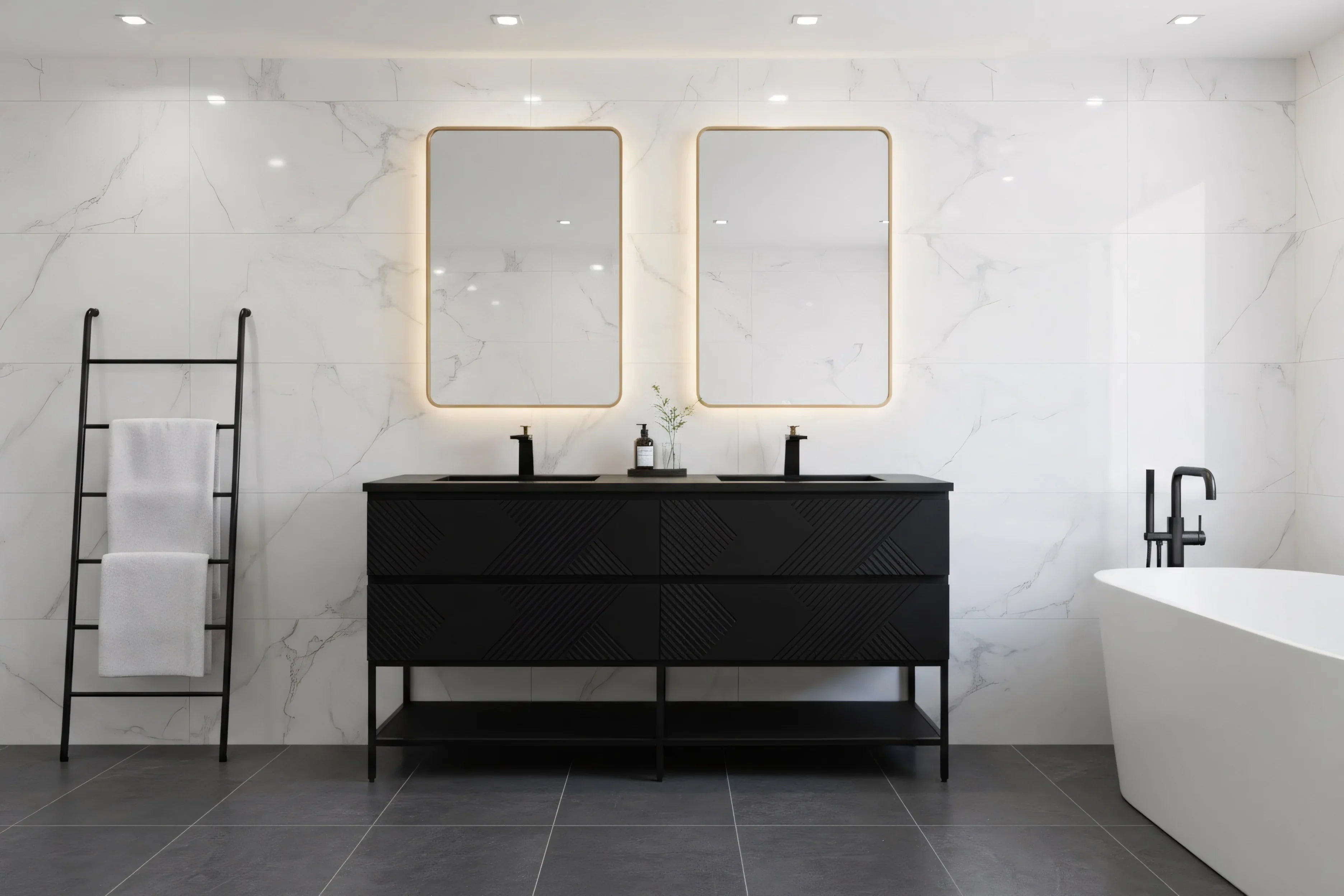 Meuble-Lavabo Double Mural 72po Noir avec Comptoir de Quartz d'ingénierie Noir