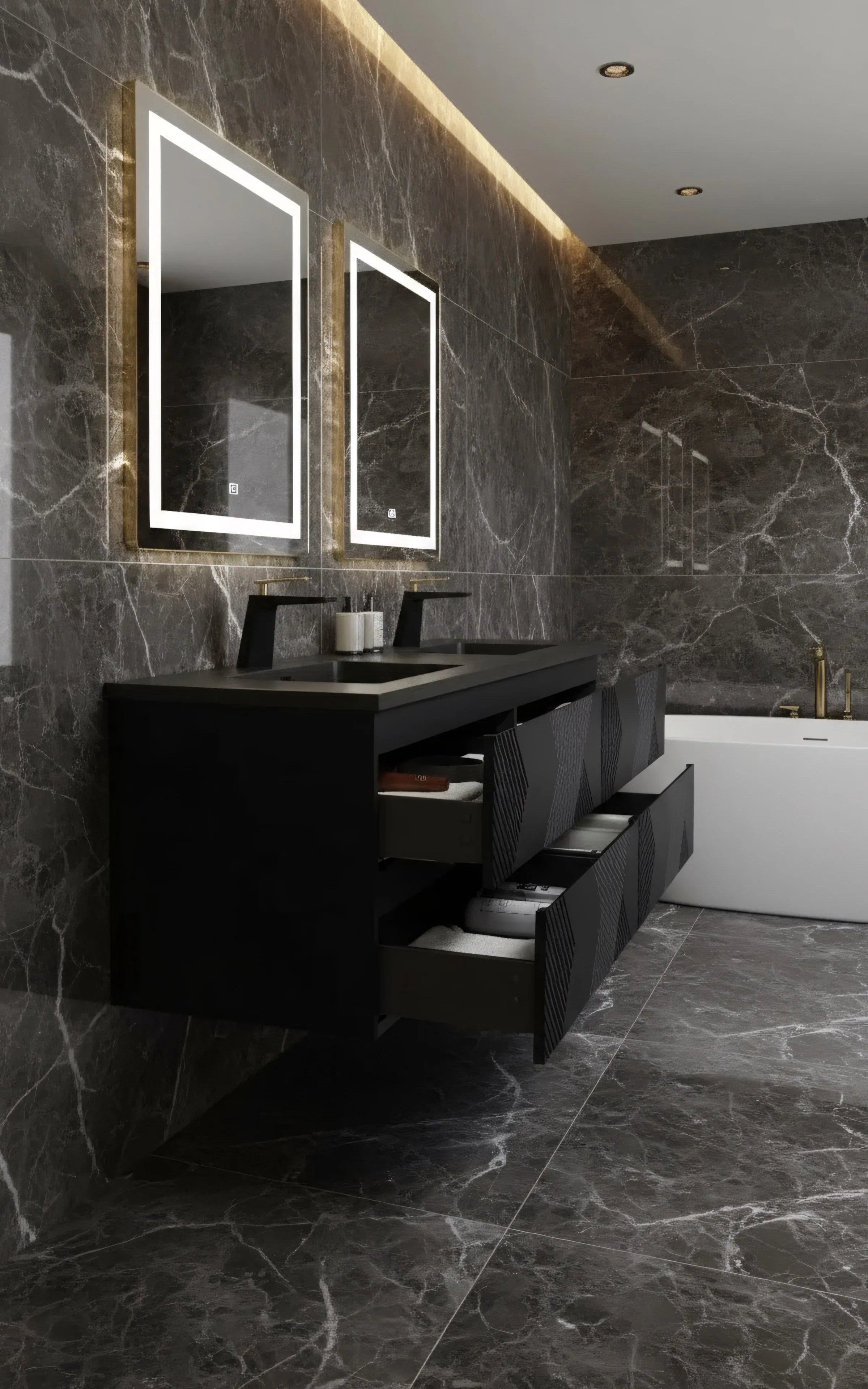 Meuble-Lavabo Double Mural 72po Noir avec Comptoir de Quartz d'ingénierie Noir