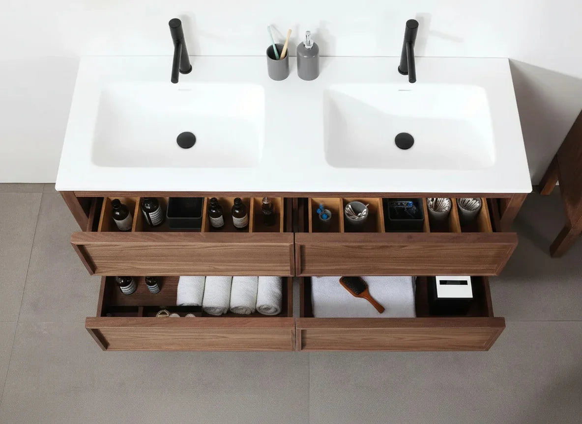 60" Natural Walnut Freestanding Double Sink Bathroom Vanity with White Solid Surface Countertop