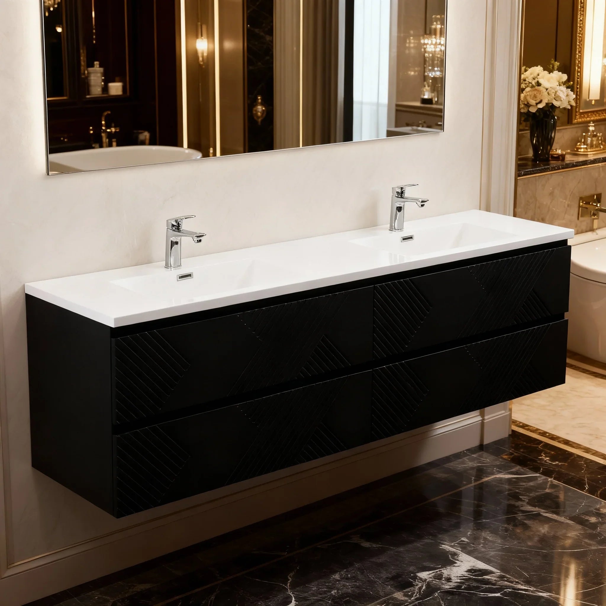 Meuble-lavabo double noir de 72" à fixer au mur avec Comptoir en polymarbre blanc