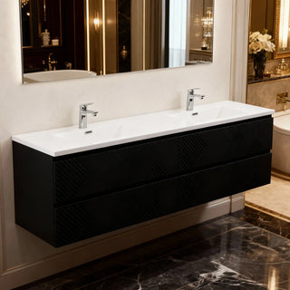 Meuble-lavabo double noir de 72" à fixer au mur avec Comptoir en polymarbre blanc
