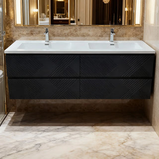 Meuble-lavabo mural noir 60" avec Comptoir en polymarbre blanc