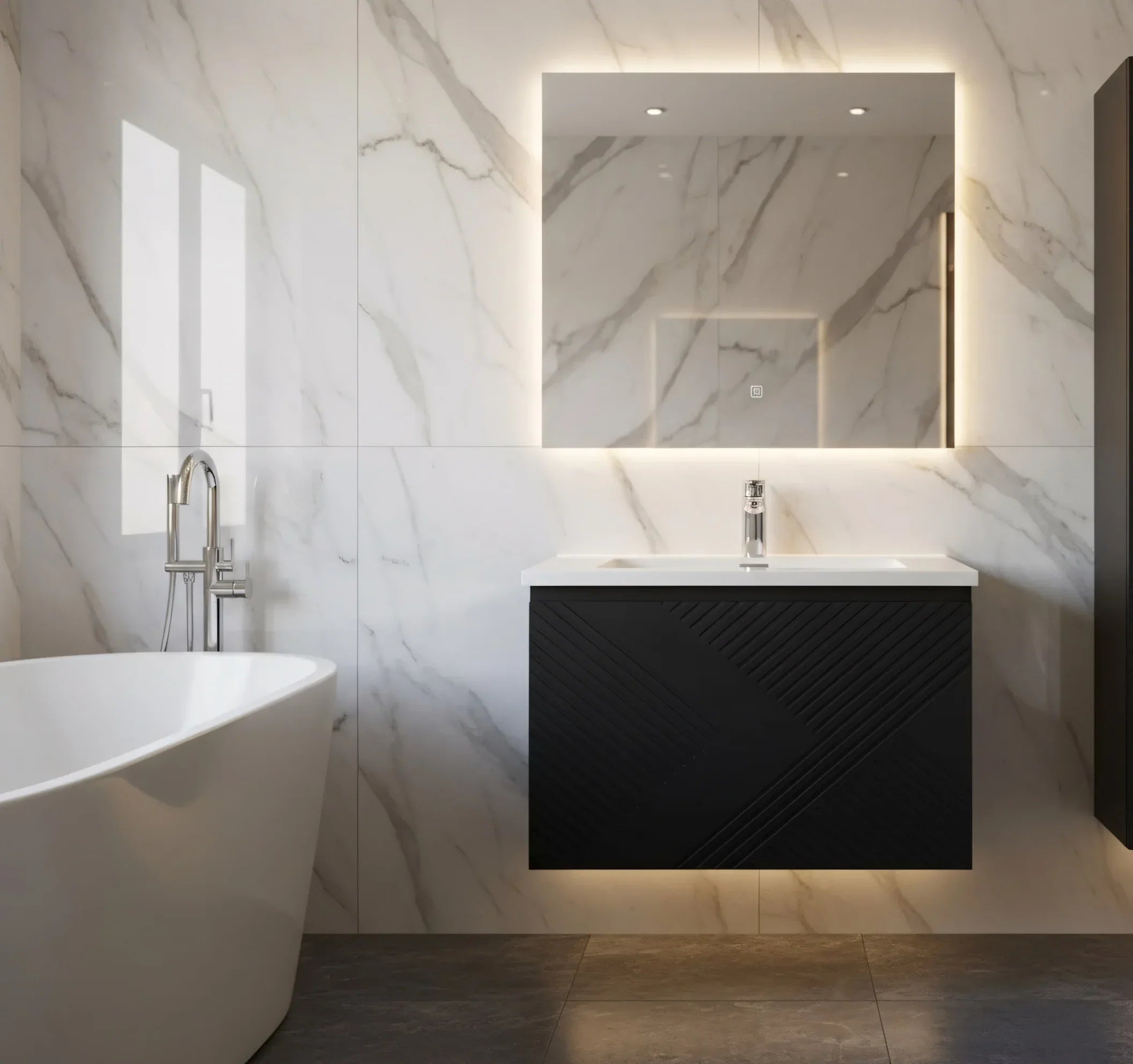 Meuble-Lavabo Mural 36po Noir avec Comptoir en Polymarbre Blanc