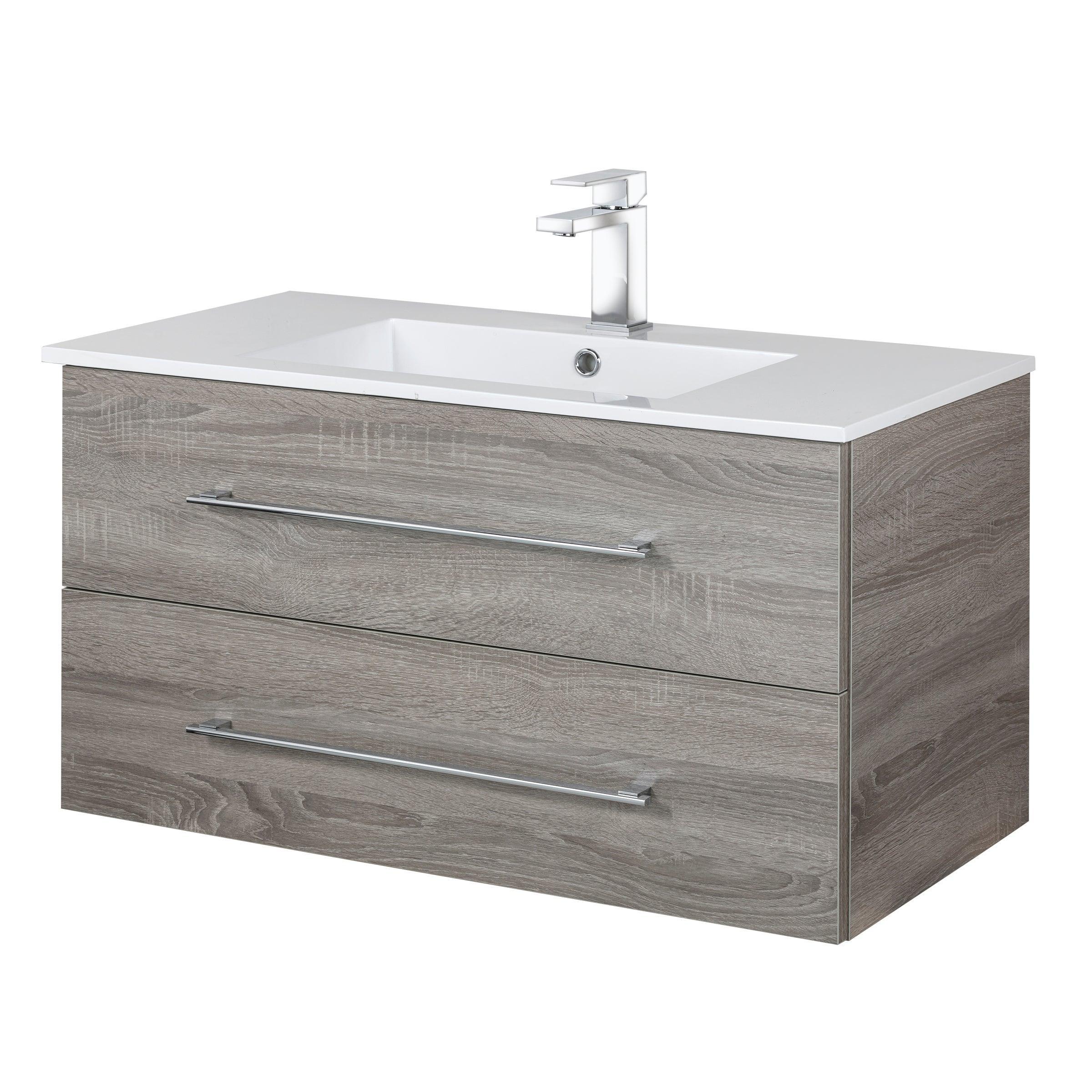 36" Dorato Brown Wall Mount Single Sink Bathroom Vanity with White Acrylic Countertop : Kato - Golden Elite Deco