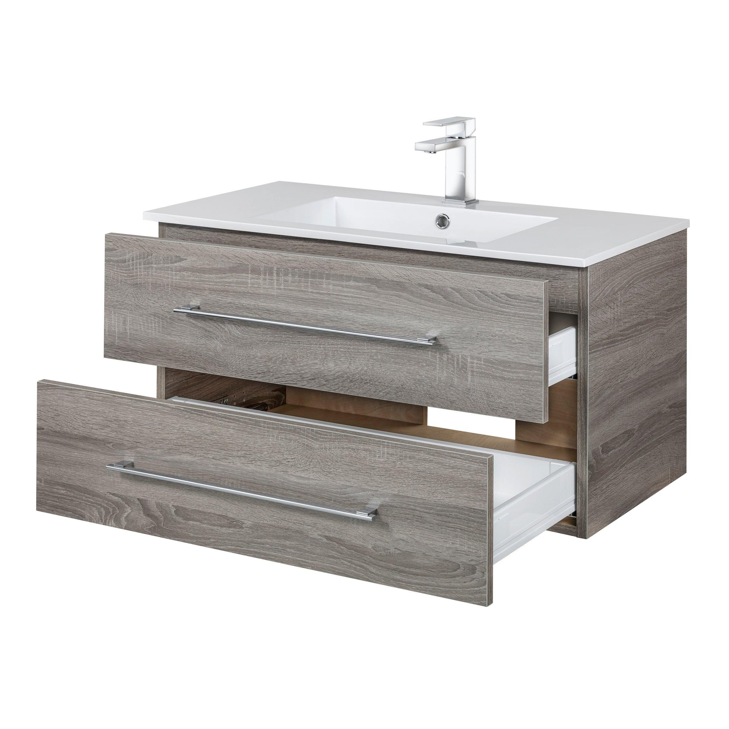 36" Dorato Brown Wall Mount Single Sink Bathroom Vanity with White Acrylic Countertop : Kato - Golden Elite Deco