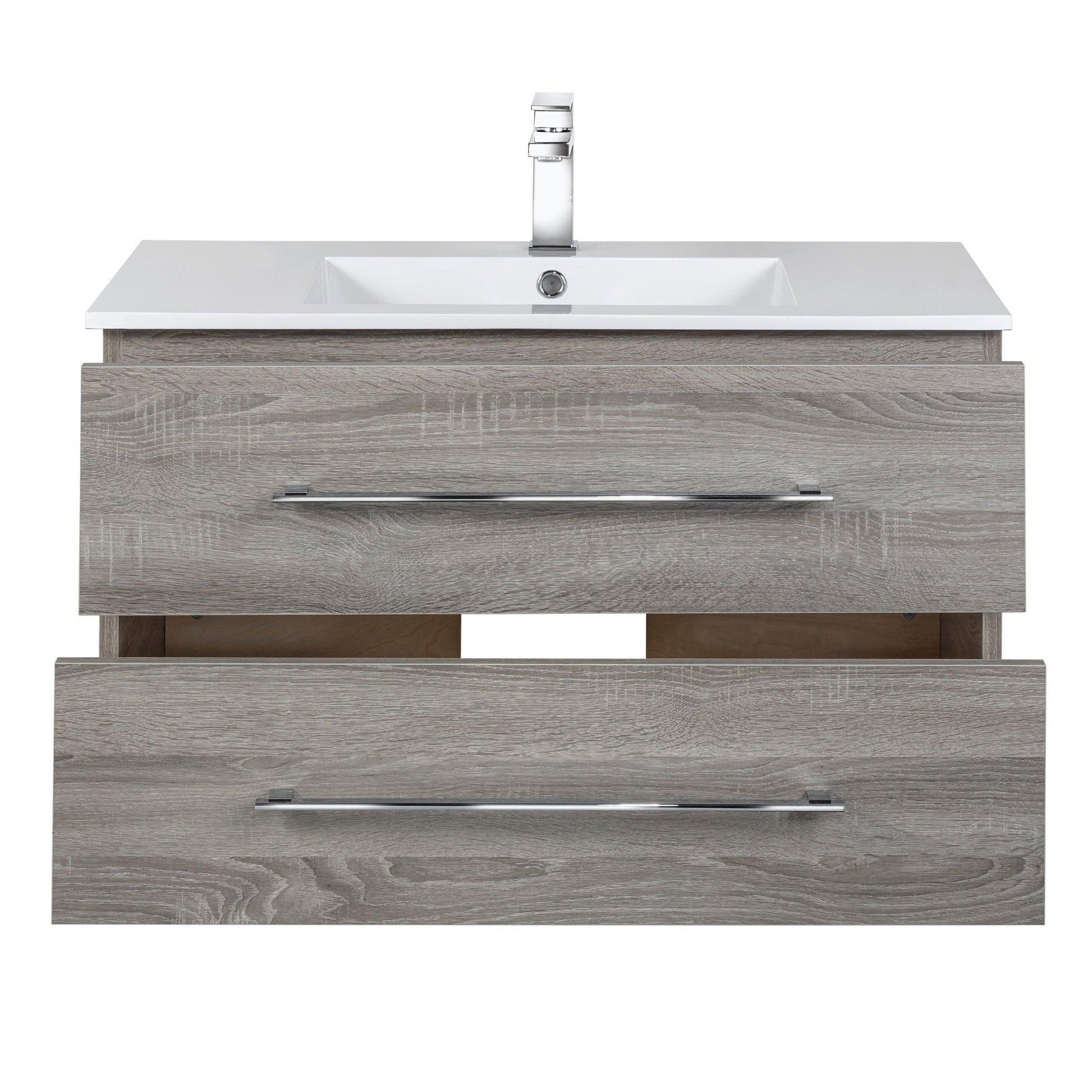 36" Dorato Brown Wall Mount Single Sink Bathroom Vanity with White Acrylic Countertop : Kato - Golden Elite Deco