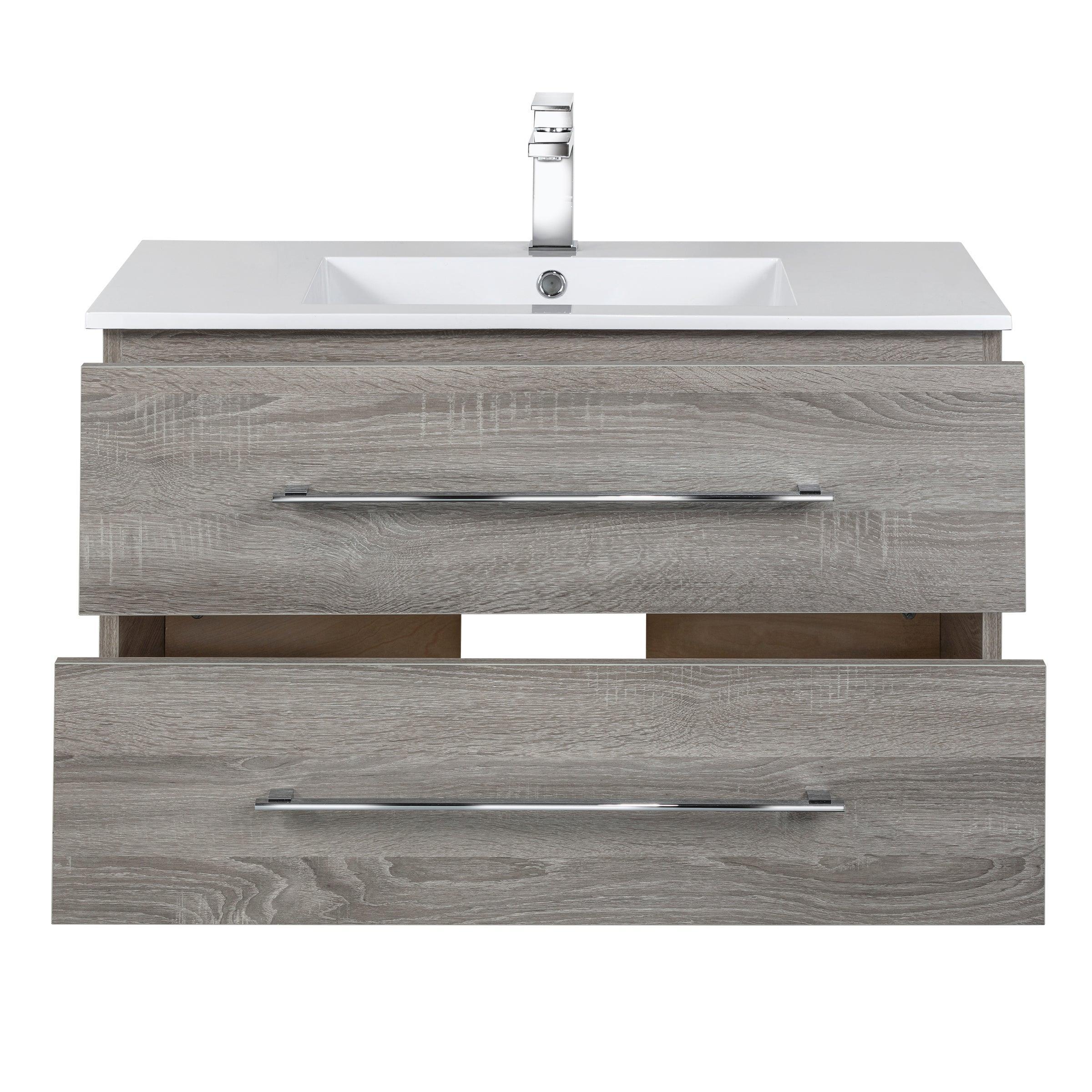 36" Dorato Brown Wall Mount Single Sink Bathroom Vanity with White Acrylic Countertop : Kato - Golden Elite Deco
