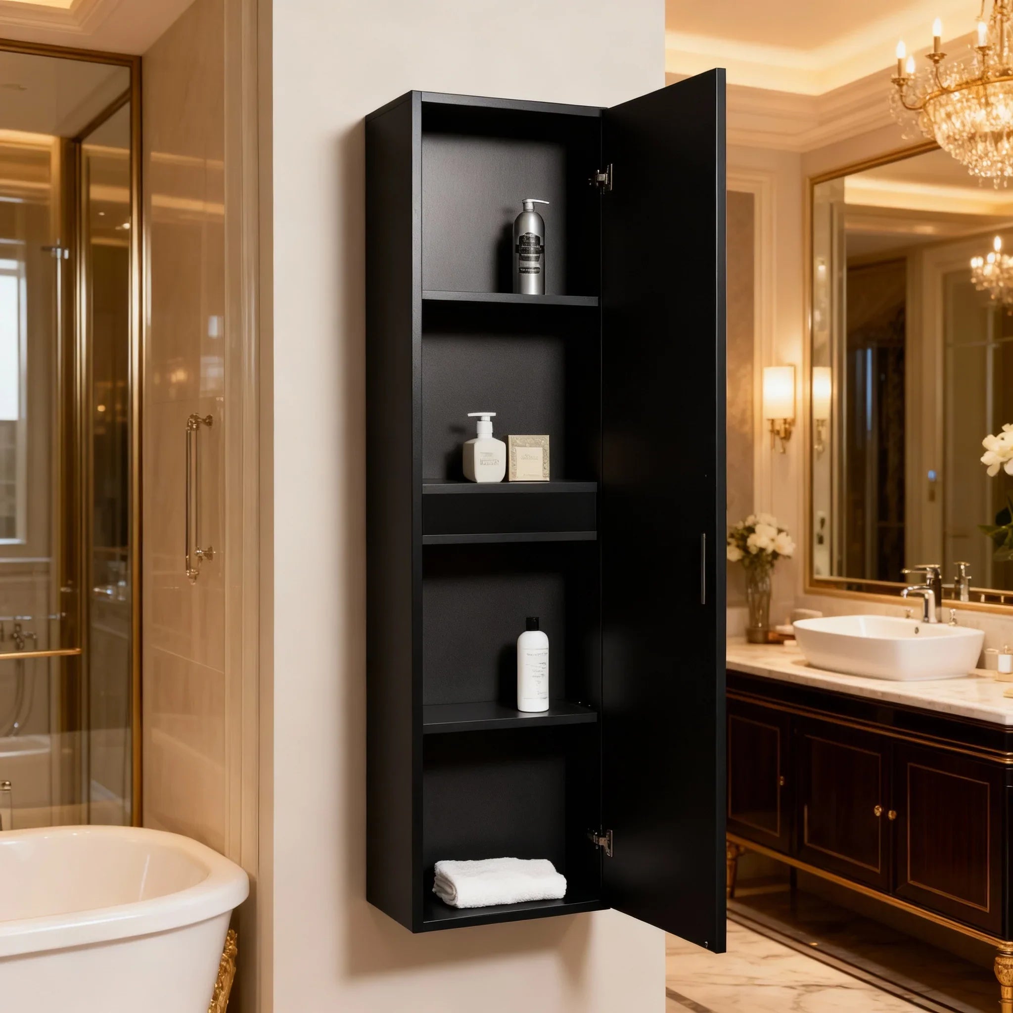 Bathroom Wall Hung Linen Cabinet - Matte Black