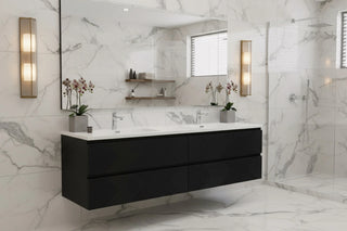 Meuble-lavabo double noir de 72" à fixer au mur avec Comptoir en polymarbre blanc