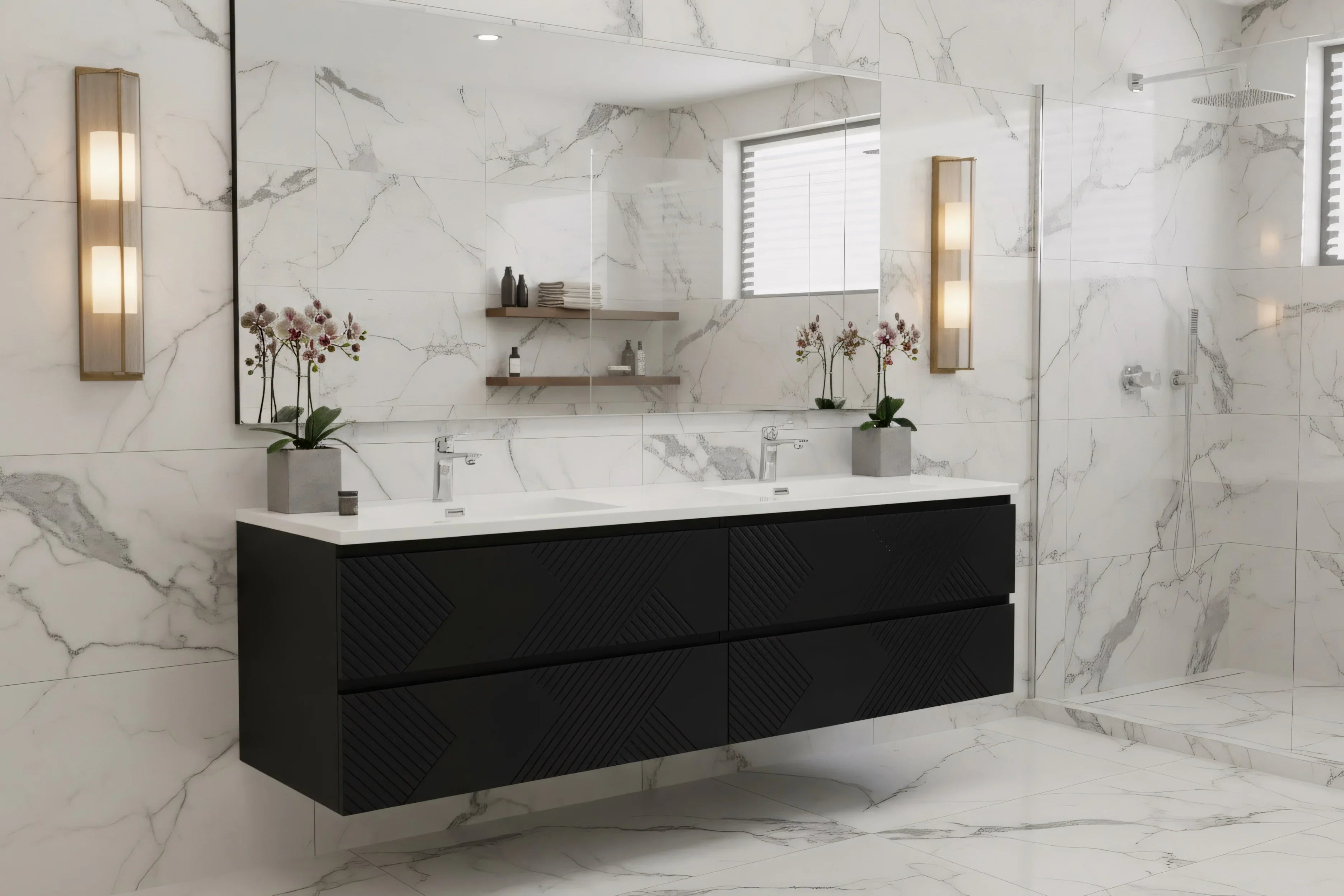 Meuble-lavabo double noir de 72" à fixer au mur avec Comptoir en polymarbre blanc