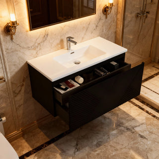 Meuble-lavabo mural noir 40" pour salle de bain avec Comptoir en polymarbre blanc Roxboro