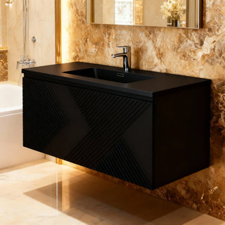 Meuble-lavabo mural noir 40" avec Comptoir en quartz noir conçu Roxboro