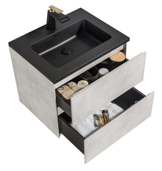 24" Grey Wall Mount Bathroom Vanity with Black Engineered Quartz Countertop - Golden Elite Deco