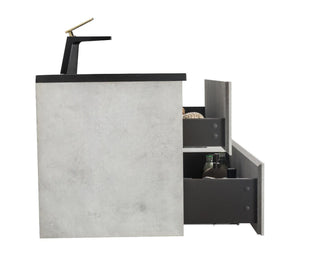 36" Grey Wall Mount Bathroom Vanity with Black Engineered Quartz Countertop - Golden Elite Deco