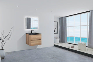 24" Rough Oak Wall Mount Bathroom Vanity with Black Engineered Quartz Countertop Edge - Golden Elite Deco