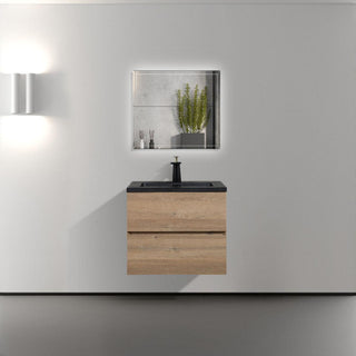 24" Rough Oak Wall Mount Bathroom Vanity with Black Engineered Quartz Countertop Edge - Golden Elite Deco