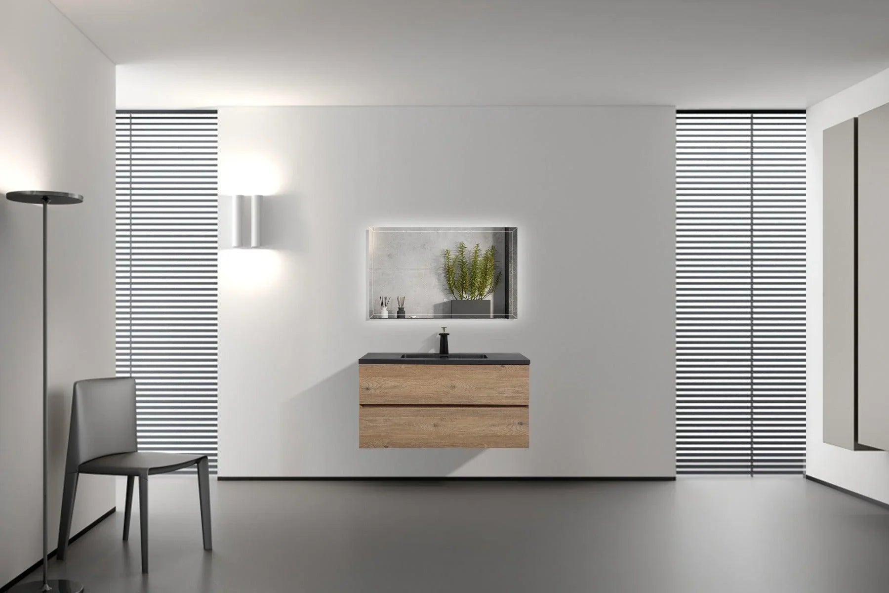 40" Rough Oak Wall Mount Bathroom Vanity with Black Engineered Quartz Countertop - Golden Elite Deco