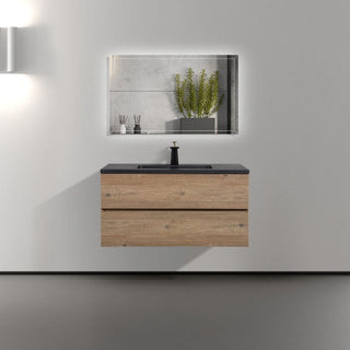 40" Rough Oak Wall Mount Bathroom Vanity with Black Engineered Quartz Countertop - Golden Elite Deco