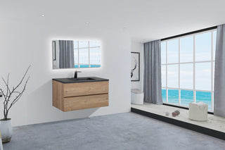 40" Rough Oak Wall Mount Bathroom Vanity with Black Engineered Quartz Countertop - Golden Elite Deco