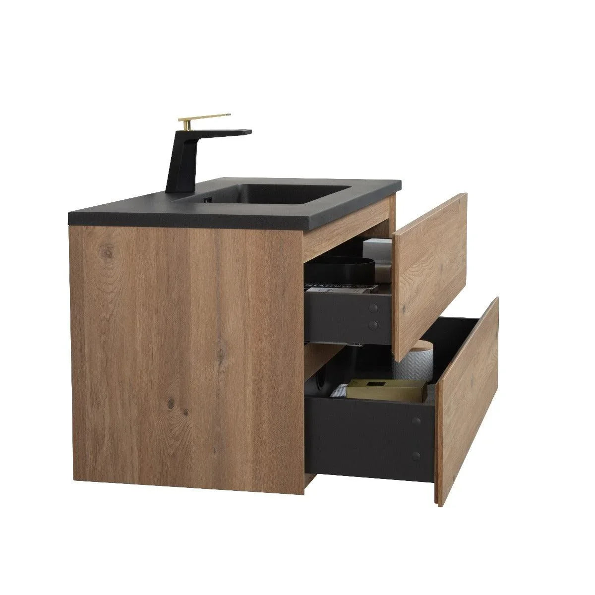 40" Rough Oak Wall Mount Bathroom Vanity with Black Engineered Quartz Countertop - Golden Elite Deco