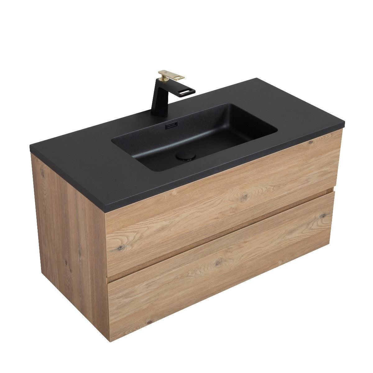 40" Rough Oak Wall Mount Bathroom Vanity with Black Engineered Quartz Countertop - Golden Elite Deco