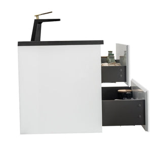 30" White Wall Mount Bathroom Vanity with Black Engineered Quartz Countertop - Golden Elite Deco