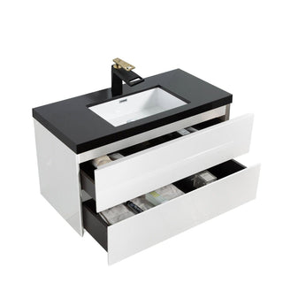 40" White Wall Mount Bathroom Vanity with Black Polymarble Countertop with White Sink - Golden Elite Deco