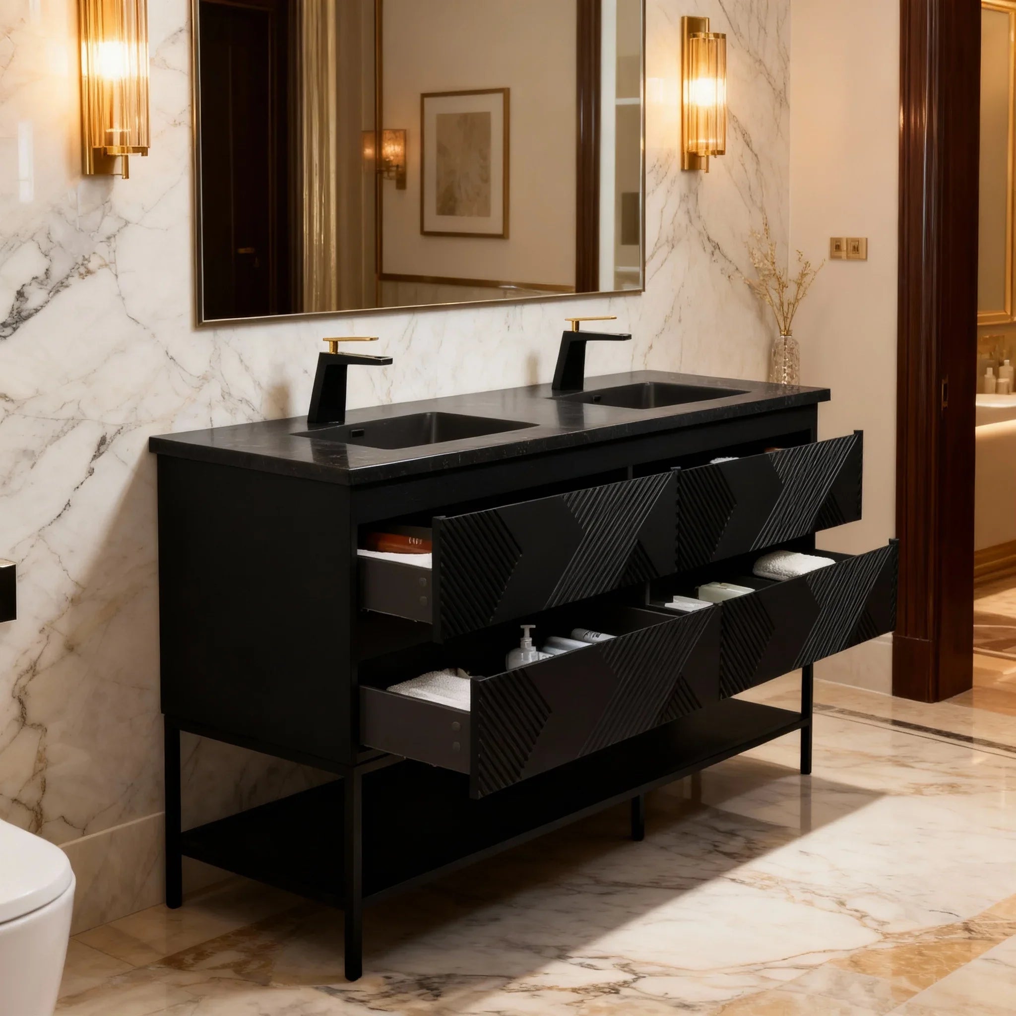 Meuble-Lavabo Double Mural 72po Noir avec Comptoir de Quartz d'ingénierie Noir