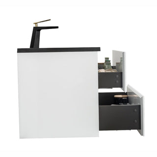 24" White Wall Mount Bathroom Vanity with Black Engineered Quartz Countertop - Golden Elite Deco