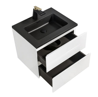 24" White Wall Mount Bathroom Vanity with Black Engineered Quartz Countertop - Golden Elite Deco