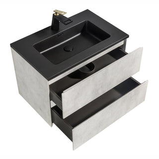 30" Grey Wall Mount Bathroom Vanity with Black Engineered Quartz Countertop - Golden Elite Deco