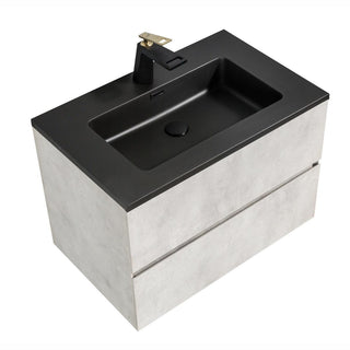 30" Grey Wall Mount Bathroom Vanity with Black Engineered Quartz Countertop - Golden Elite Deco