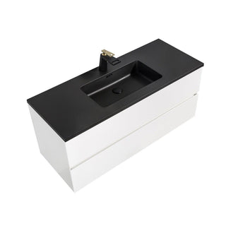 48" White Wall Mount Single Sink Bathroom Vanity with Black Engineered Quartz Countertop - Golden Elite Deco