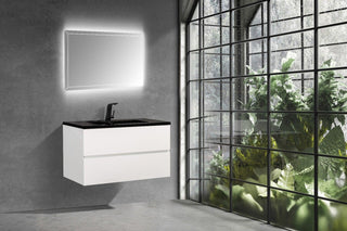 36" White Wall Mount Bathroom Vanity with Black Engineered Quartz Countertop - Golden Elite Deco