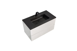 36" White Wall Mount Bathroom Vanity with Black Engineered Quartz Countertop - Golden Elite Deco