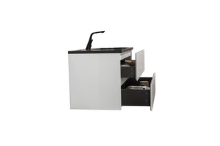 36" White Wall Mount Bathroom Vanity with Black Engineered Quartz Countertop - Golden Elite Deco