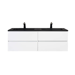 60" White Wall Mount Double Sink Bathroom Vanity with Black Engineered Quartz Countertop - Golden Elite Deco