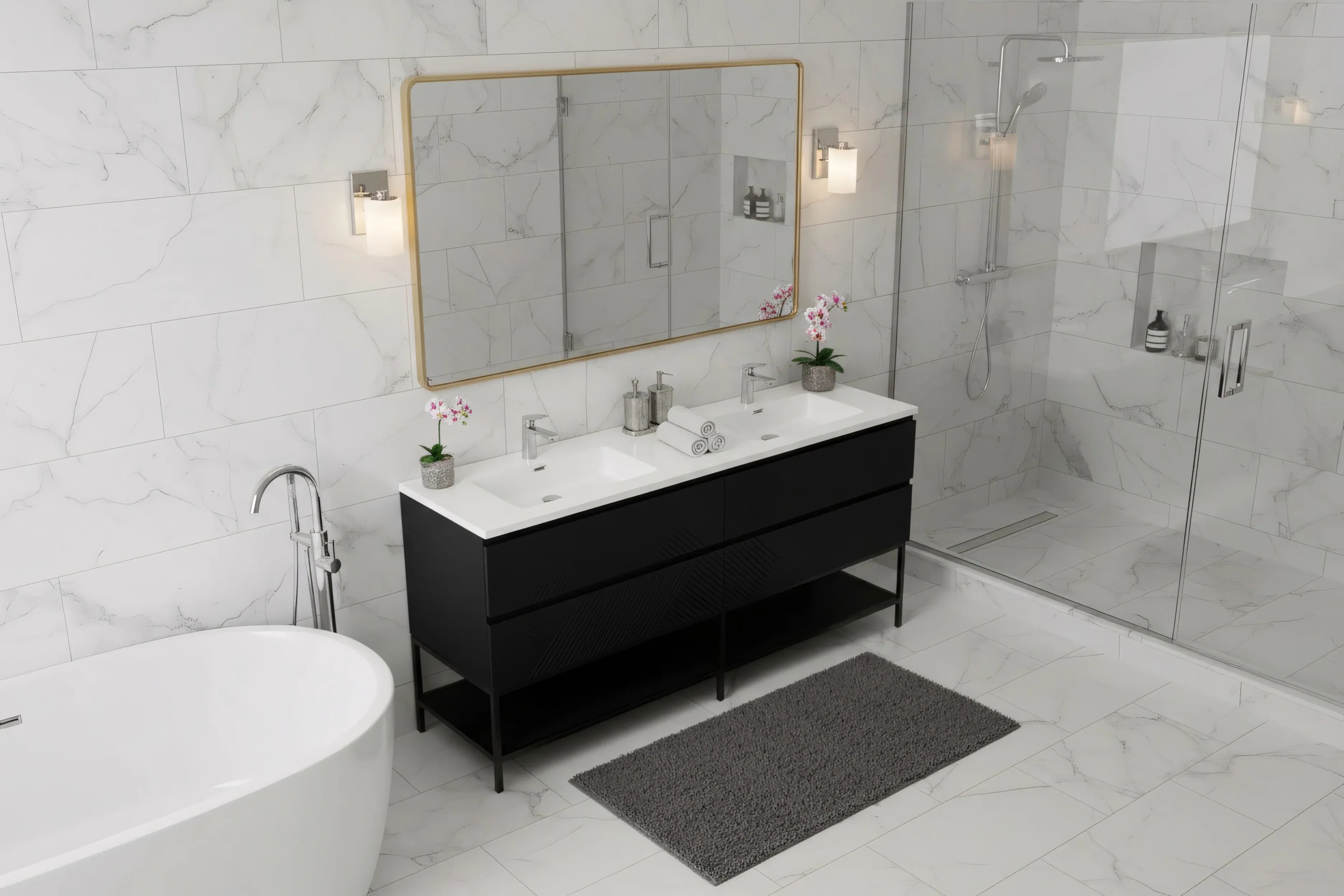 Meuble-lavabo double noir de 72" à fixer au mur avec Comptoir en polymarbre blanc