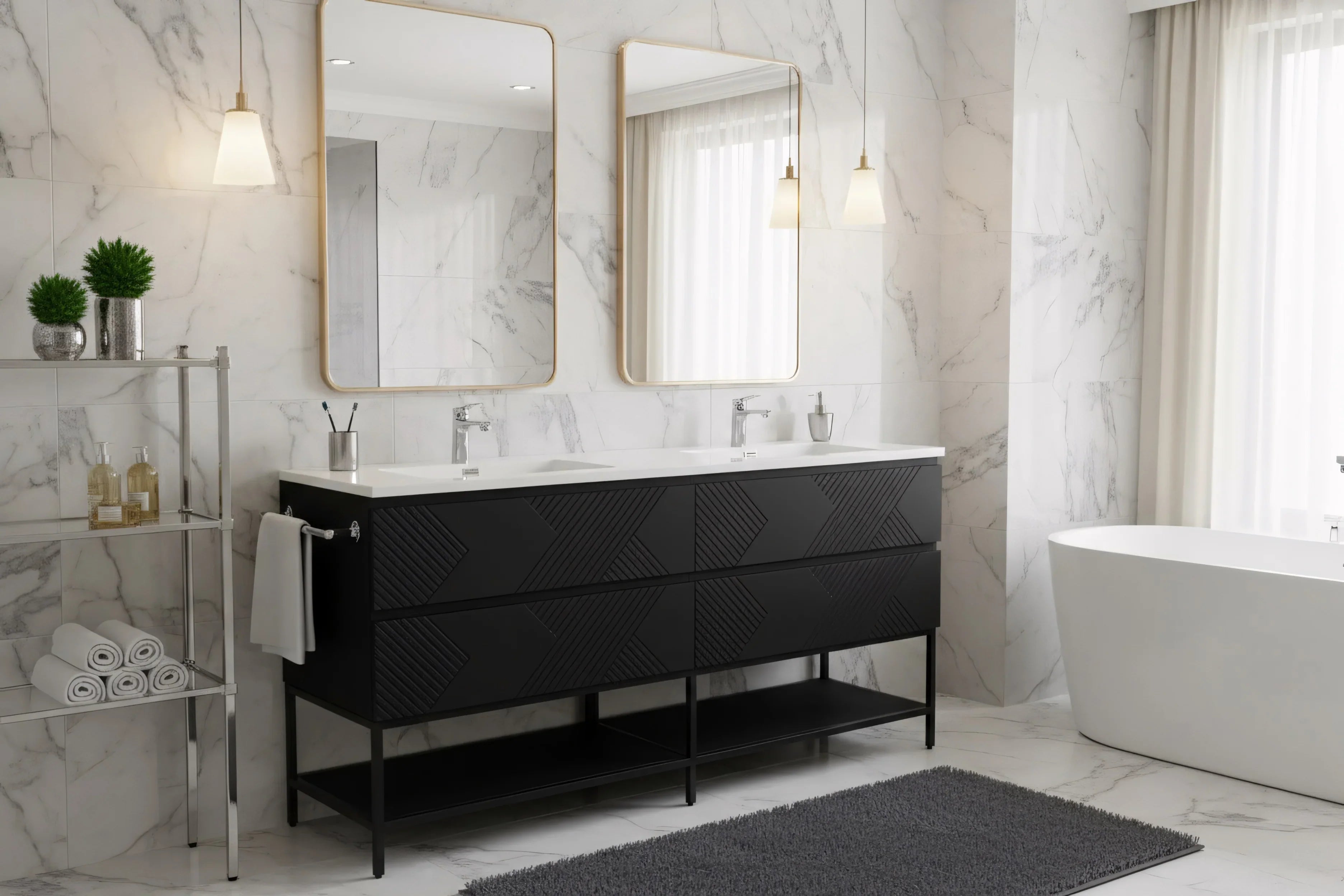 Meuble-lavabo double noir de 72" à fixer au mur avec Comptoir en polymarbre blanc