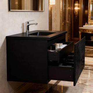 48" Black Wall Mount Bathroom Vanity with Black Engineered Quartz Countertop