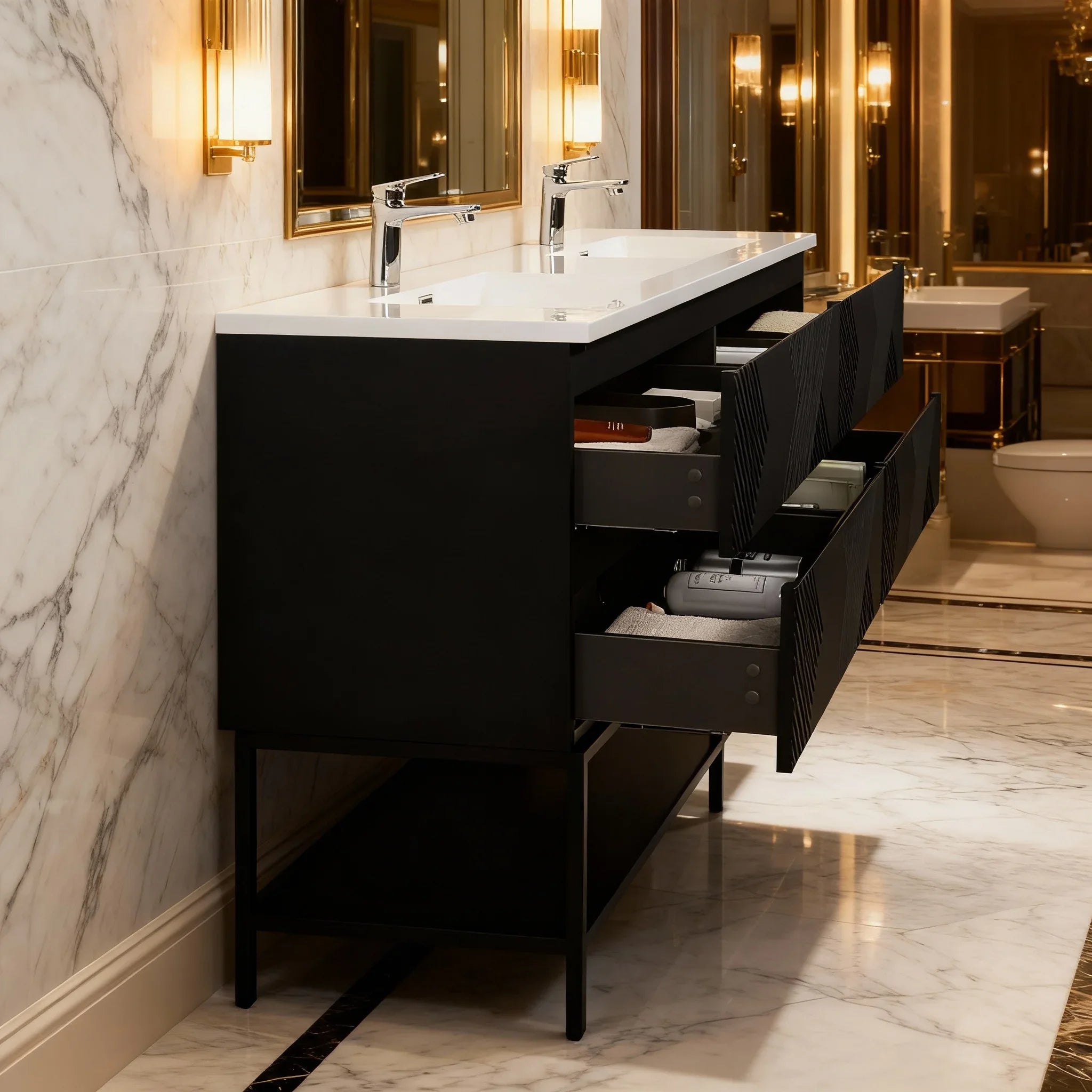 Meuble-lavabo double noir de 72" à fixer au mur avec Comptoir en polymarbre blanc