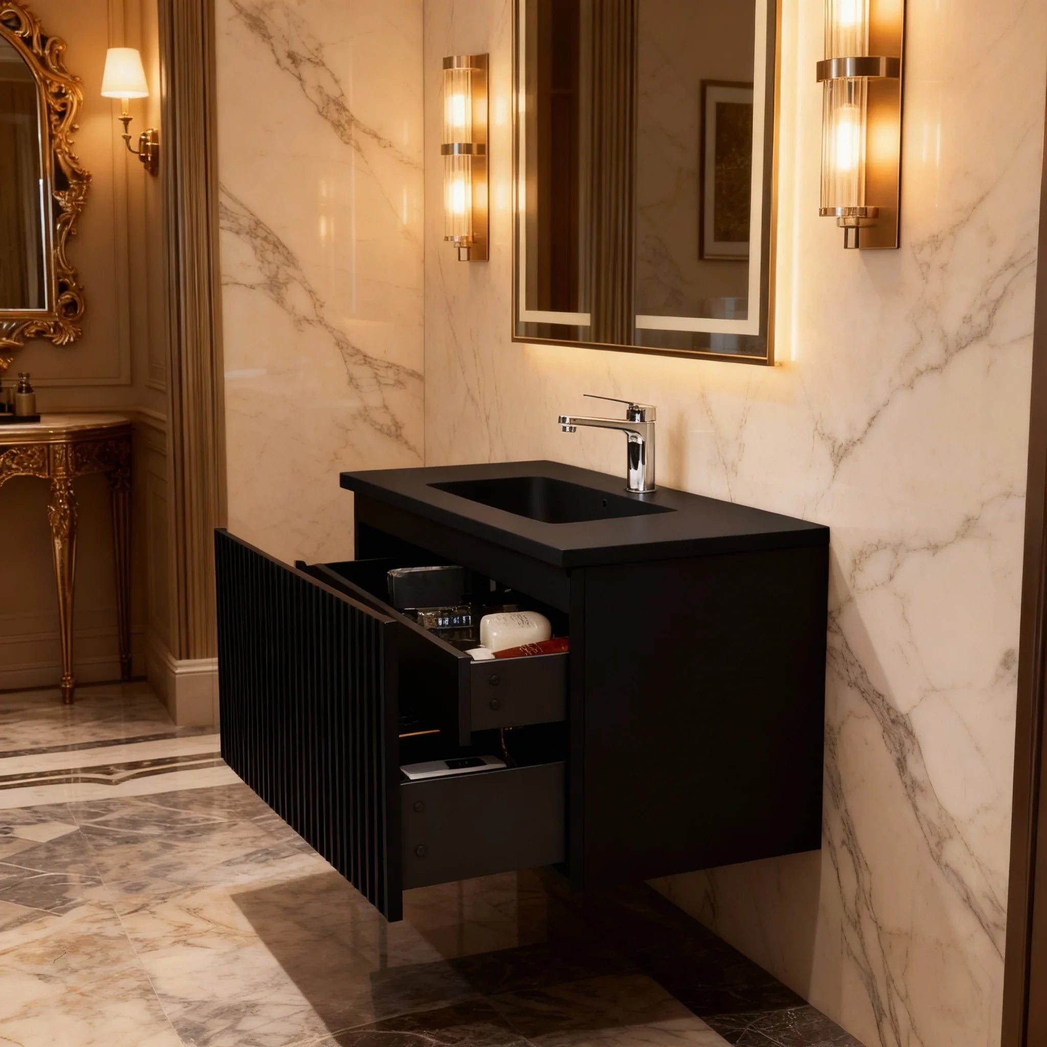 40" Black Wall Mount Bathroom Vanity with Black Engineered Quartz Countertop Roxboro