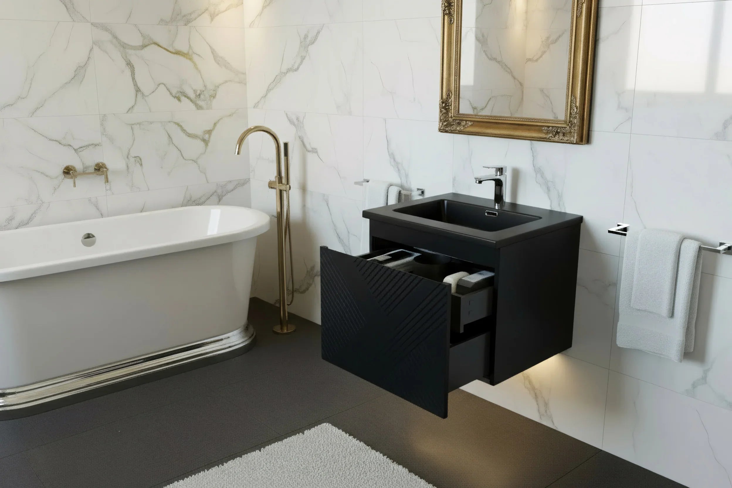 Meuble-lavabo mural noir 36" avec Comptoir en quartz noir conçu Roxboro