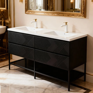 Meuble-lavabo mural noir 60" avec Comptoir en polymarbre blanc