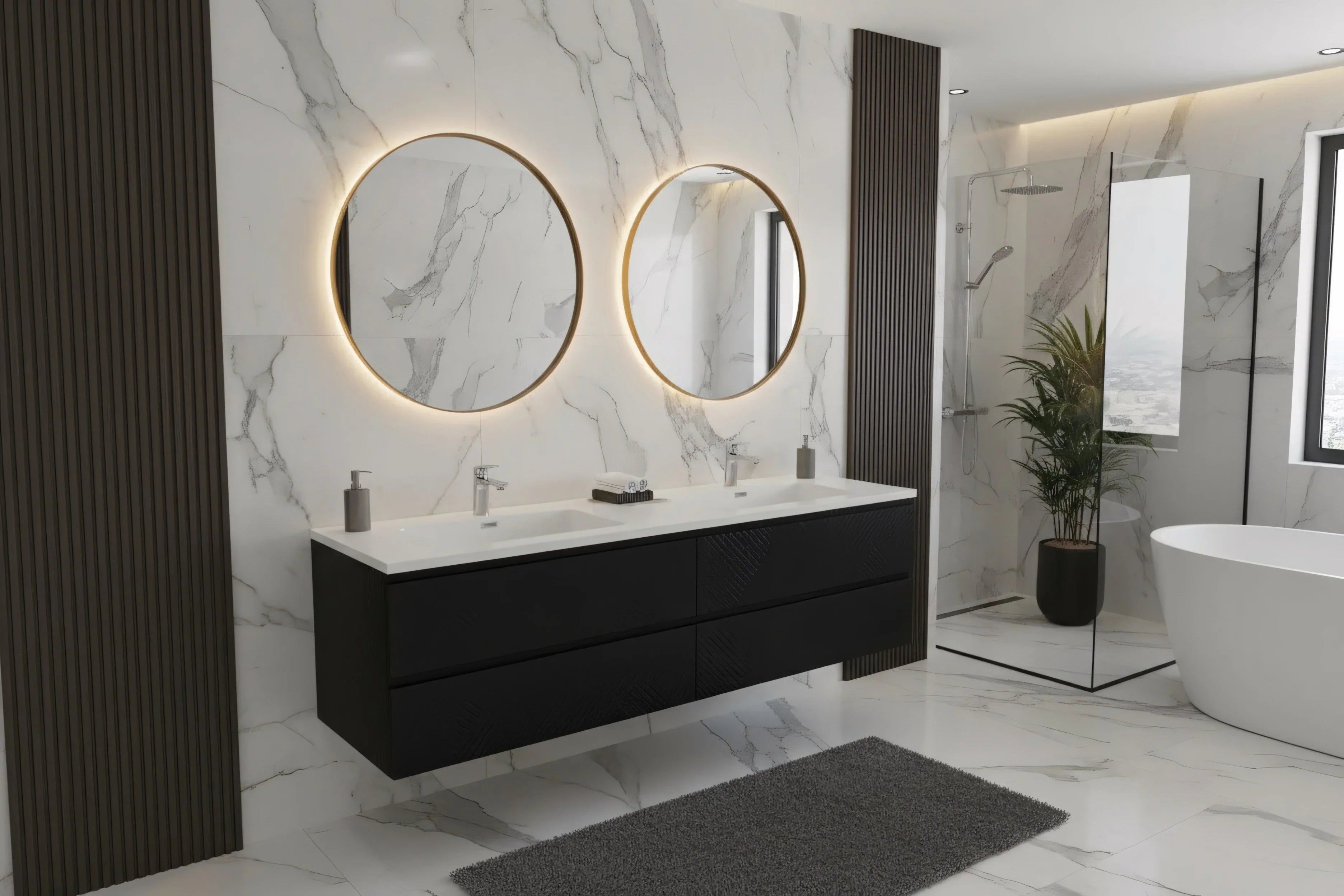 Meuble-lavabo double noir de 72" à fixer au mur avec Comptoir en polymarbre blanc