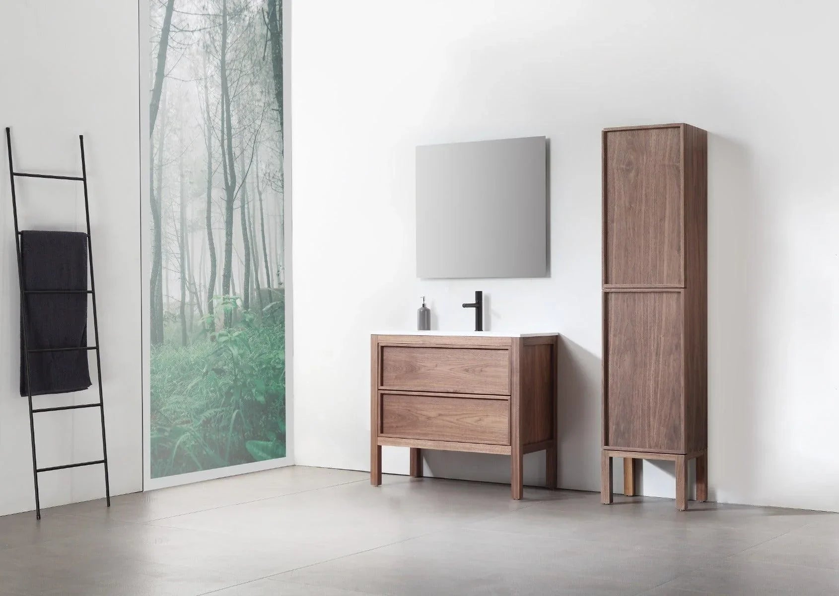 42" Natural Walnut Freestanding Bathroom Vanity with White Solid Surface Countertop Vista - Golden Elite Deco